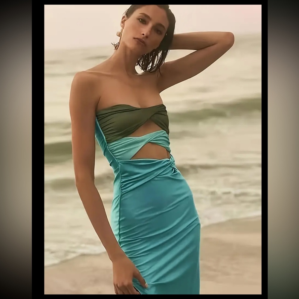Twist-Front Turquoise Bandeau Strapless Tube Cut-Out Dress Blue Green Maxi $148